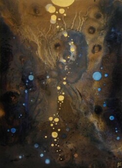 Oil, spray can, 24ct gold leaf and resin on canvas, 70x49.5cm, year 2018