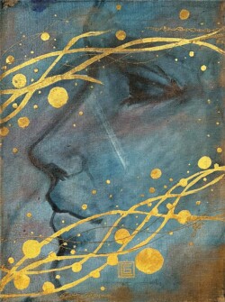 Oil, spray can, 24ct gold leaf on canvas, year 2023