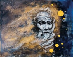 Oil, spray can, 24ct gold leaf on canvas, year 2022-23