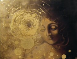 Olio, bomboletta spray, foglia oro 24ct, resina su tela, 80x100cm, anno 2018